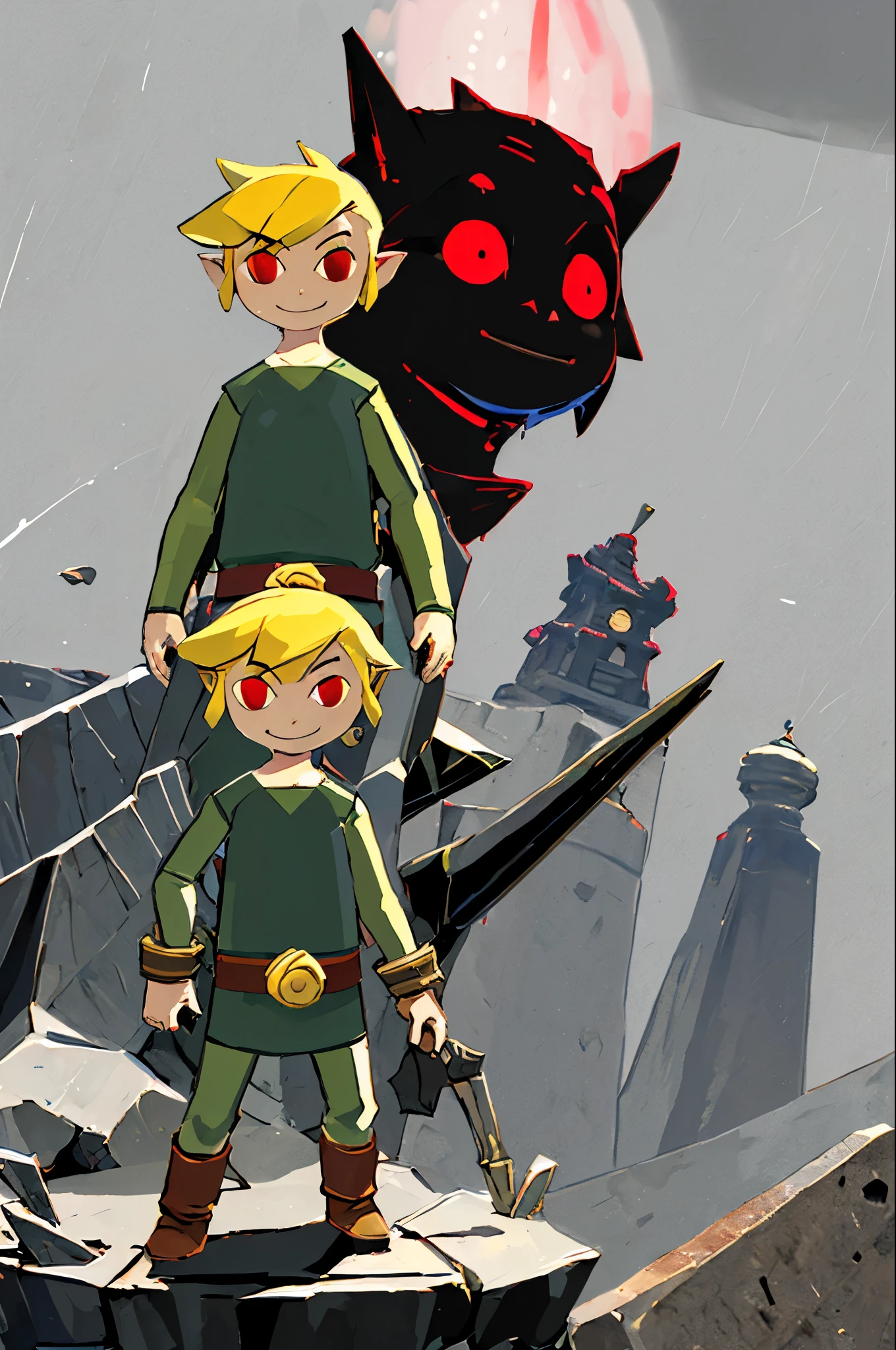 ((work of art,best qualityer)),  tom_link_Zelda, dark link, standing alone, 1 , Eyes red, Tunic, waist belt,  standing alone, smiling, standing, looking ahead at viewer,