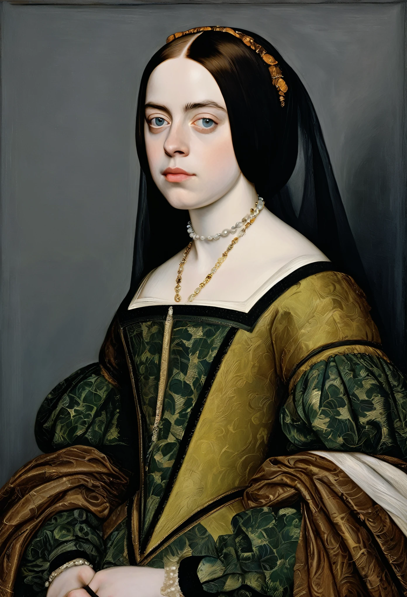 15 century, Billie Eilish, The allegory of vanity, ORTODOX ((in the style of Bernardino Luini!!!)) elegant Renaissance gown), The dark Renaissance, (fog, very scuffing), ((palette/oil painting palette knife)), ((masterpiece)), single shot, impression:1.2, extreme detail, perspective:1.33, 8k