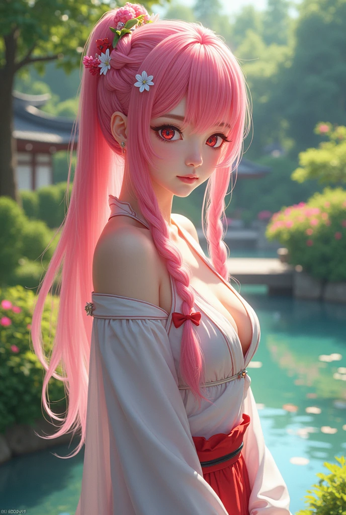 ((best quality, ultra-detailed, high resolution, extremely detailed CG, super detailed, direct light, Most beautiful clean lighting)), 1 girl, beautiful girl, cute girl and idol face, young face, smile, Beautiful long pink hair, twintails, Beautiful shining red eyes, white skin, slender, Short body, Midsummer Scenery, open breasts, nsfw, 
