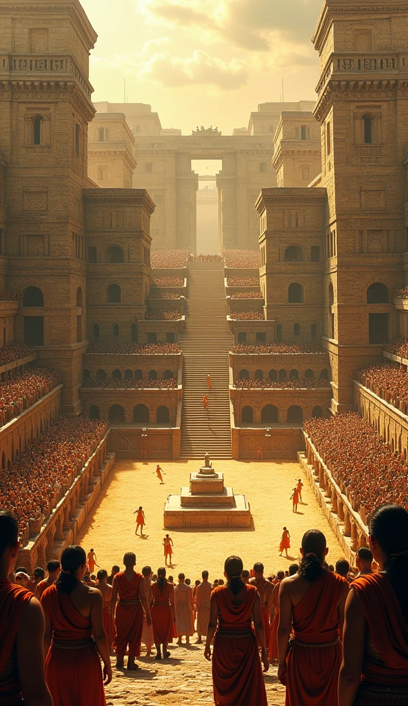 an Aztec fighting arena with Aztec people around