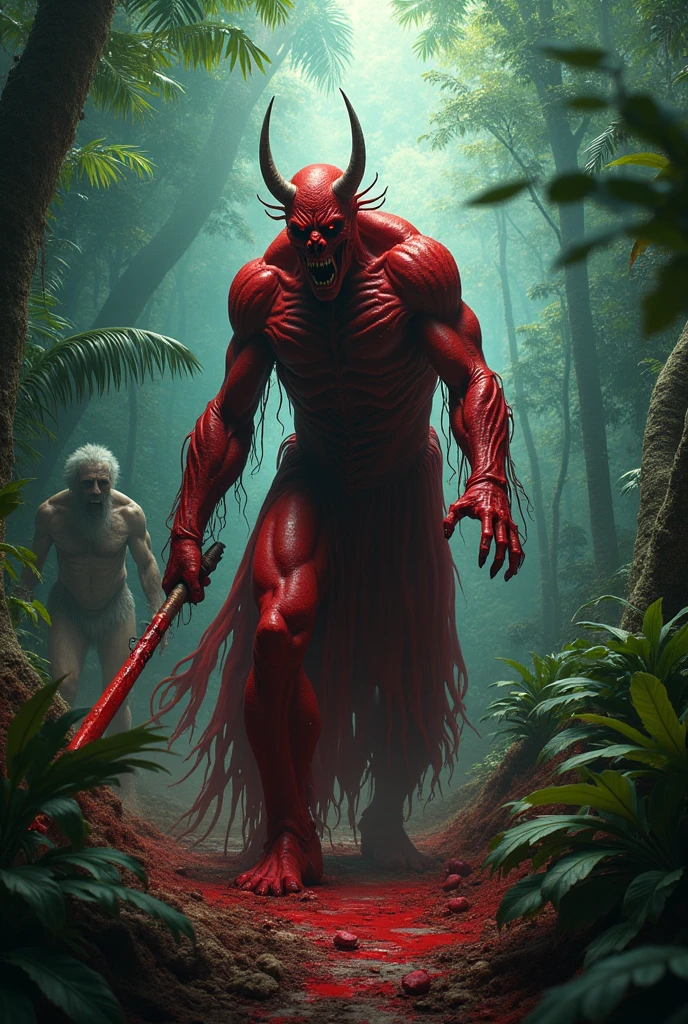 Skinny troll,bizarre,monstrous,in the forest,horror,blood