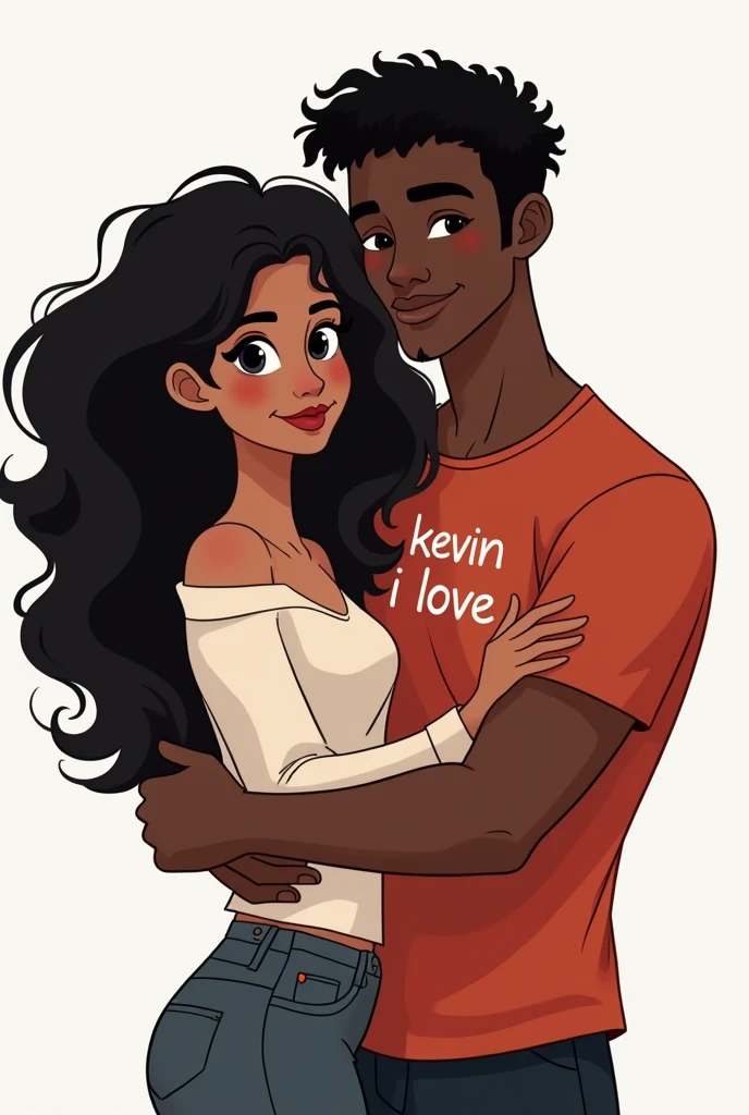 An illustration of an adorable couple, Highlight for a brown-skinned man and a white woman with beautiful expressive eyes - the man's skin is mulatto and the man's hair is straight dark brown combed to the side, ele possui barba, while the woman's skin is white and the woman's hair is long, liso e castanho. se beijando em frente ao arbusto florido, are in love, e compartilhar um momento especial caracterizado pelo amor, Insights. Illustrate this scene from a perspective where they are facing the camera, Kissing and showing your connection. Desenvolva esta arte em Full HD, Focus on your cinematic touch, Estilo Disney Pixar Animations