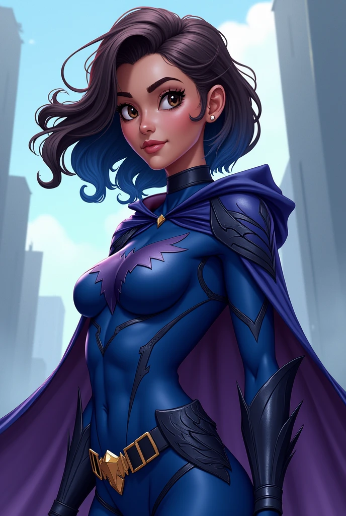masterpiece, best quality, outdoors, lens flare, light particles, depth of field, 1girl, solo, looking at viewer, ravdc, grey skin, forehead jewel, cape, (leotard:1.3), belt, hands on hips, blue cape, (muscular, thick thighs), smile, hard nipples, (small breasts:1.5)