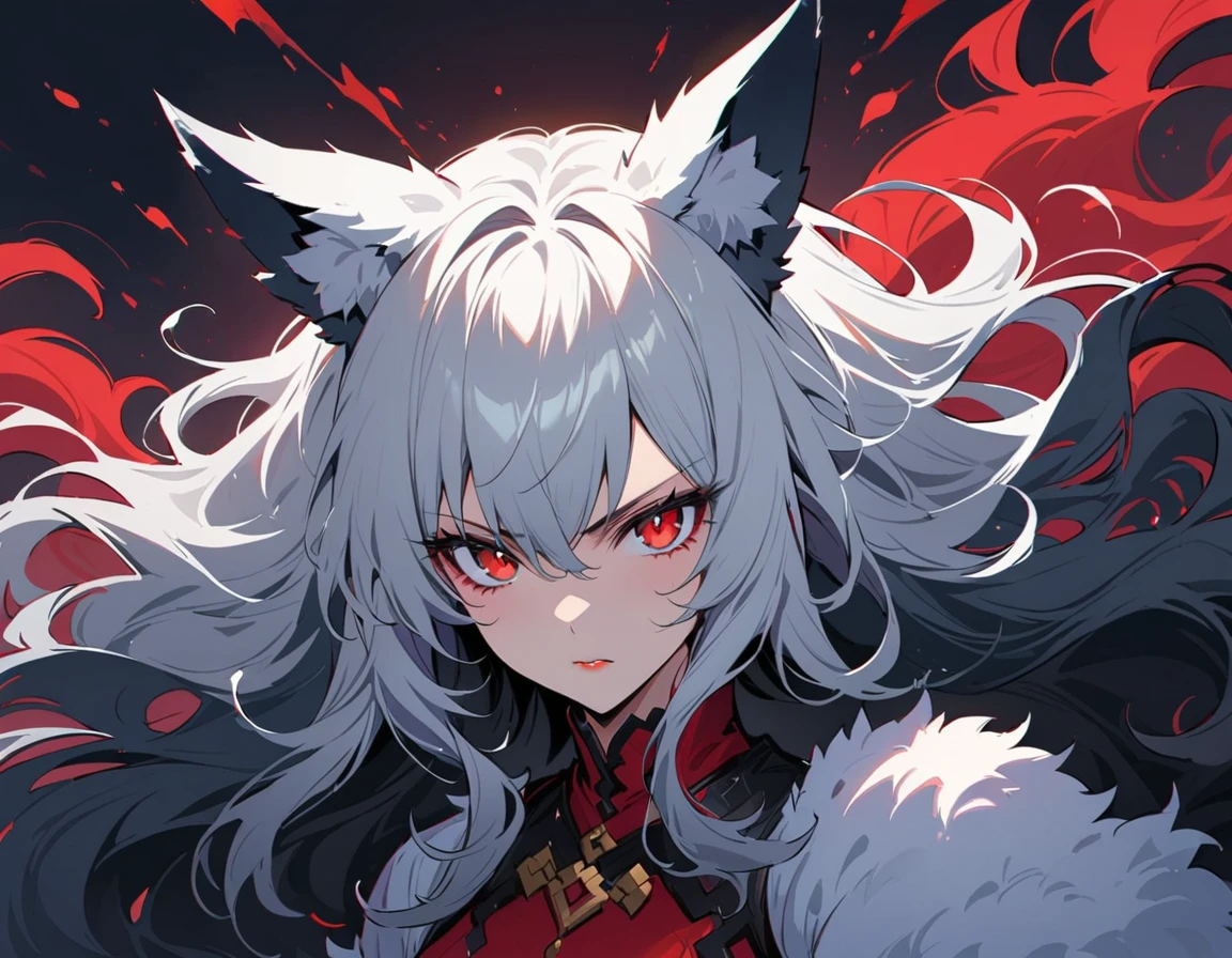 Long white hair, grey eyes, evil, sexy, black and red clothes, evil face, evil, serious look, gloss lips, sinister, front look, bloody, gloves, close up, portrait, beautiful eyes, big white, dark place, night, sensual, straight hair cut, clear skin, evil, young 30 years girl, adult girl, solo, red, very long hair, ankle length hair, handsome older WOMAN,grey-eyes,grey pupils,Long white hair,Hyperresolution,accuracy,Detailed rendering,(Image of fine hair)(topquality)(Masterpieces of masters)(High degree of completeness)(A sense of atmosphere)tmasterpiece,Super detailed and super detailed(((full-body portrait)))(((Fluffy wolf ears))) (((Wearing a white and black fur fighting outfit)))(((Stern expression)))(((Ankle length white hair)))(((Grey eyes)))