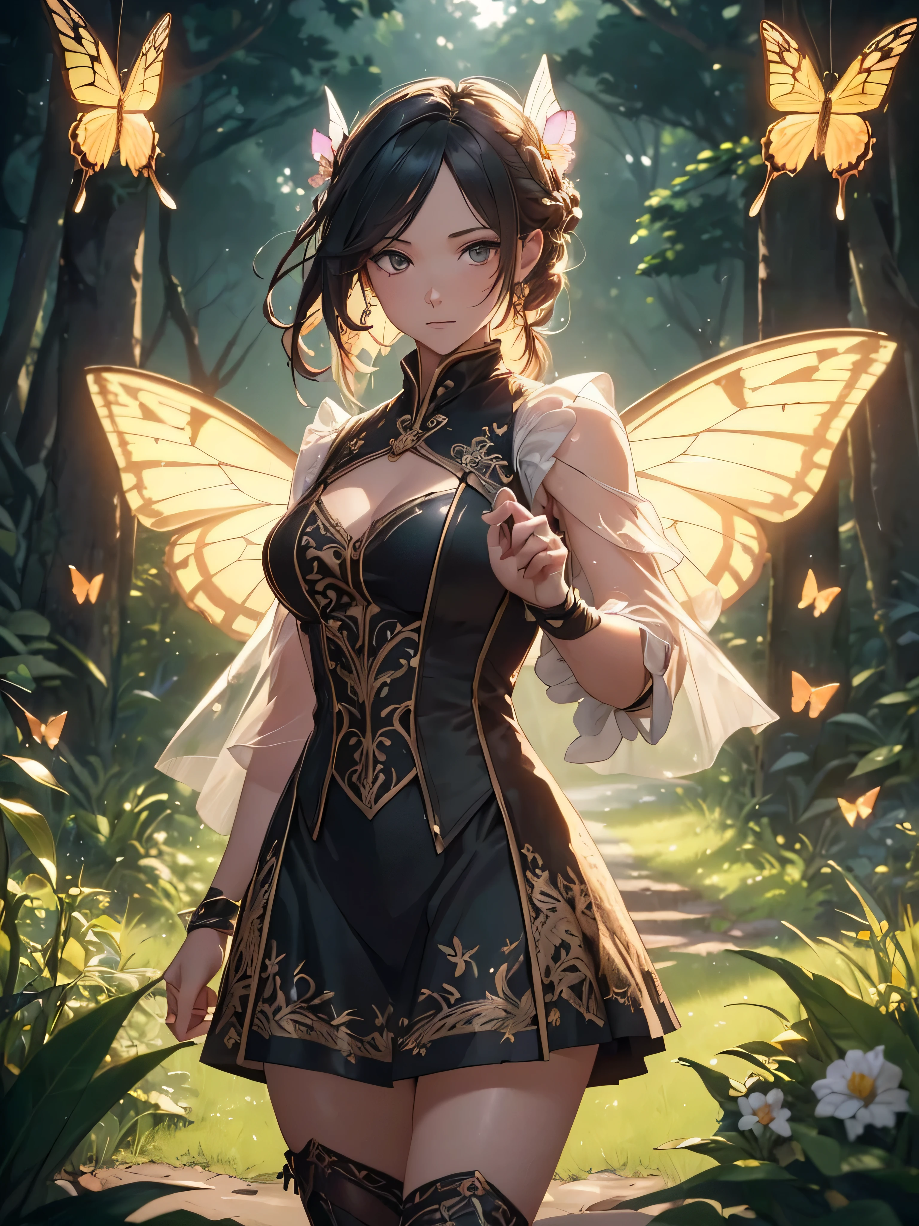 ((Superior quality, portraits, masterpieces, 8K: 1.3 wallpapers)), girl with short wavy brown hair (((SHORT HAIR))), obsidian-like black eyes (((BLACK EYES))), (((ANNOYING, SERIOUS LOOK))) sitting on a branch of a mueto tree, bioluminescent blue butterflies, dark hour, perfect shadows and reflections of the moon on the scene. black dress covered, dark clothes of MOURNING, CLOTHES COVERING THEIR SKIN, TUNIC.