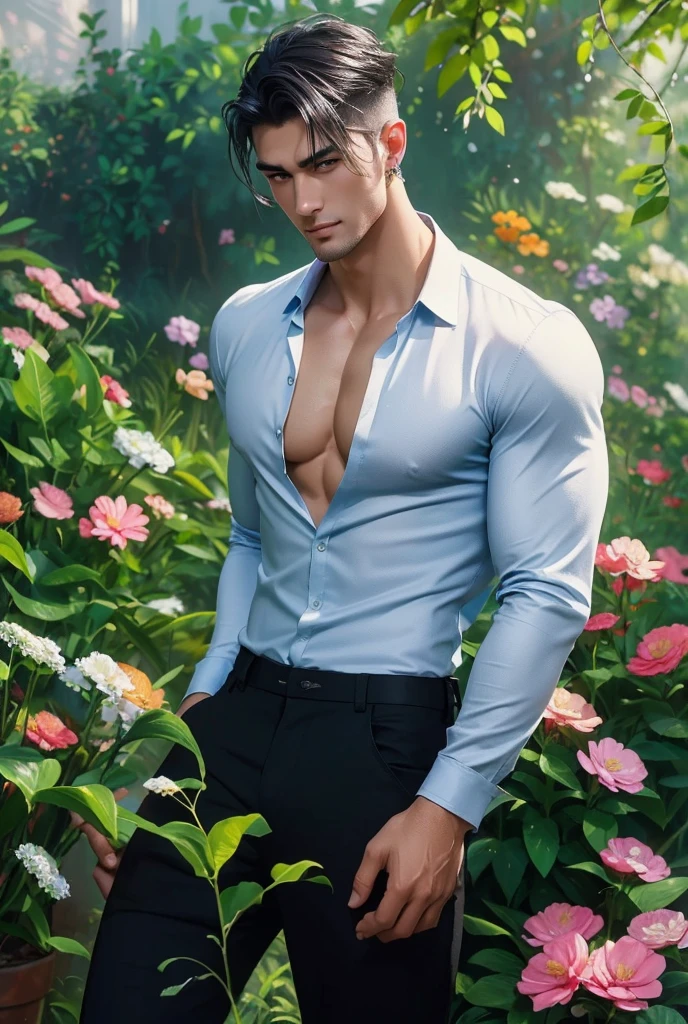 Oil painting of a tall handsome muscular young man with a chiseled physique standing in a lush, blooming meadow during springtime, solo, perfect facial features, smooth skin, sexy gaze, looking at the viewers romantically, sexy expression, sexy posture, short hairstyle, ((wearing (silver color exquisite shirt) and black pants, jewellery), (open shirt showcasing chest and abs)), beautiful, gorgeous, wet, sensual, alluring, erotic, colorful butterflies, colorful flowers and warm sunlight surrounding him, floral, (oil painting:1.2),