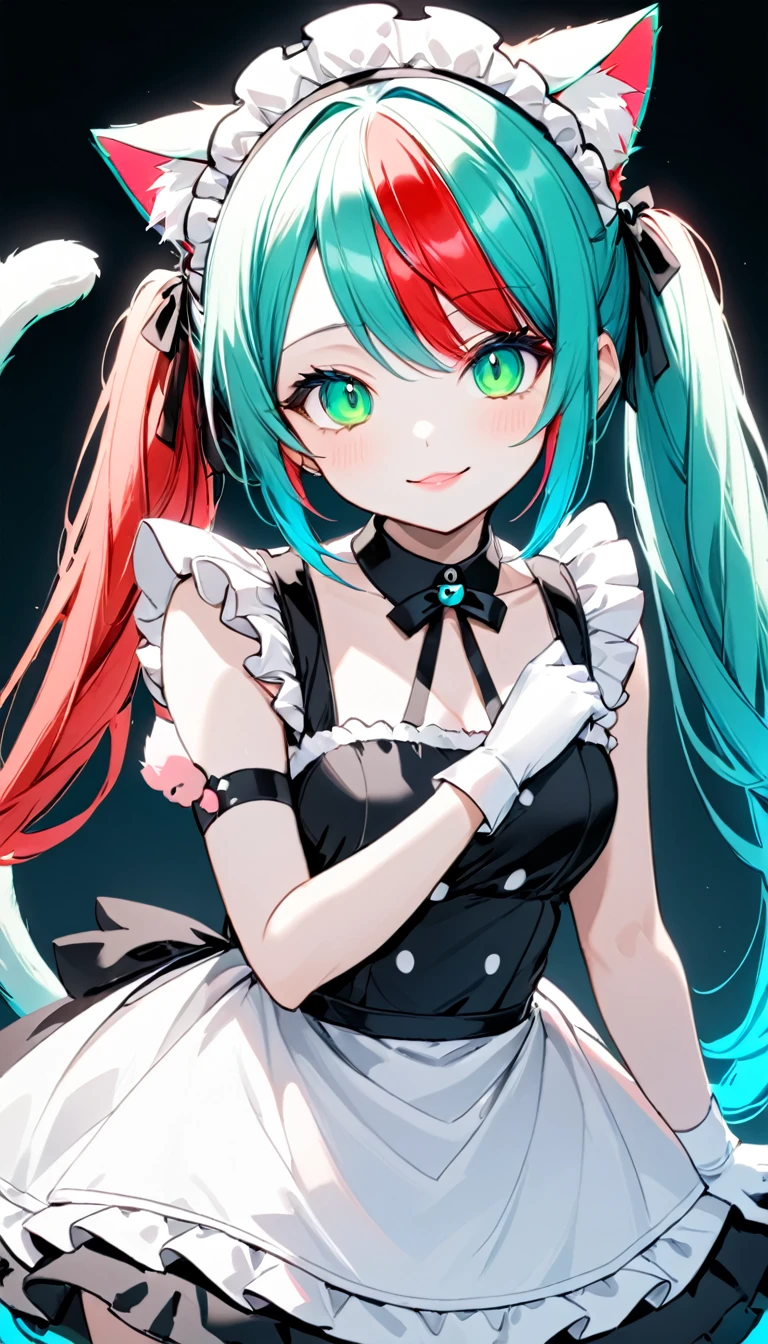 1 Girl, Medium Breasts, Blue and Red Hair, Two Tone Hair, Neon Cyan Highlights In Hair, Twintail Hair Style, Long Hair, Emerald Green Eyes, Pale Skin, Smooth Skin, Soft Features, Nice Lips, Nice Smile, Cute Face, White Dress, Cat Girl, Neko, Cat Ears, Cat Tail, Maid Costume, White gloves, 