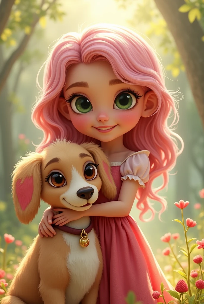 child ((princess-like woman)), elegant silhouette, work of art, best qualityer, Sweet face, long hair,Large Breasts, (work of art:1,2, best qualityer), (image drawing, details Intricate), (1 child, with dog , golden blonde loose hair, large blue eyes, long hair, bracelet, beautiful face, gorgeous eyes, gazing at viewer, Ela está usando um pink dress de child, appropriately dressed as a CEO, pink transparent dress, sweet irresistible smile, elegant pose, sleek hands, beautiful hands, perfect toes, is in the forest with a beige dog, fund: This is in a forest with red flowers on the road, and river of clean waters