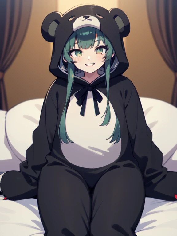 beautiful, (masterpiece), best quality, (extremely detailed face), extremely detailed eyes,  perfect lighting, OverallDetail, detailed, deep skin,textured skin,
,bear costume ,black bear costume, long sleeves, hood up,,mallow , long hair, green eyes, big smile,on bed ,sitting between pillows,
,