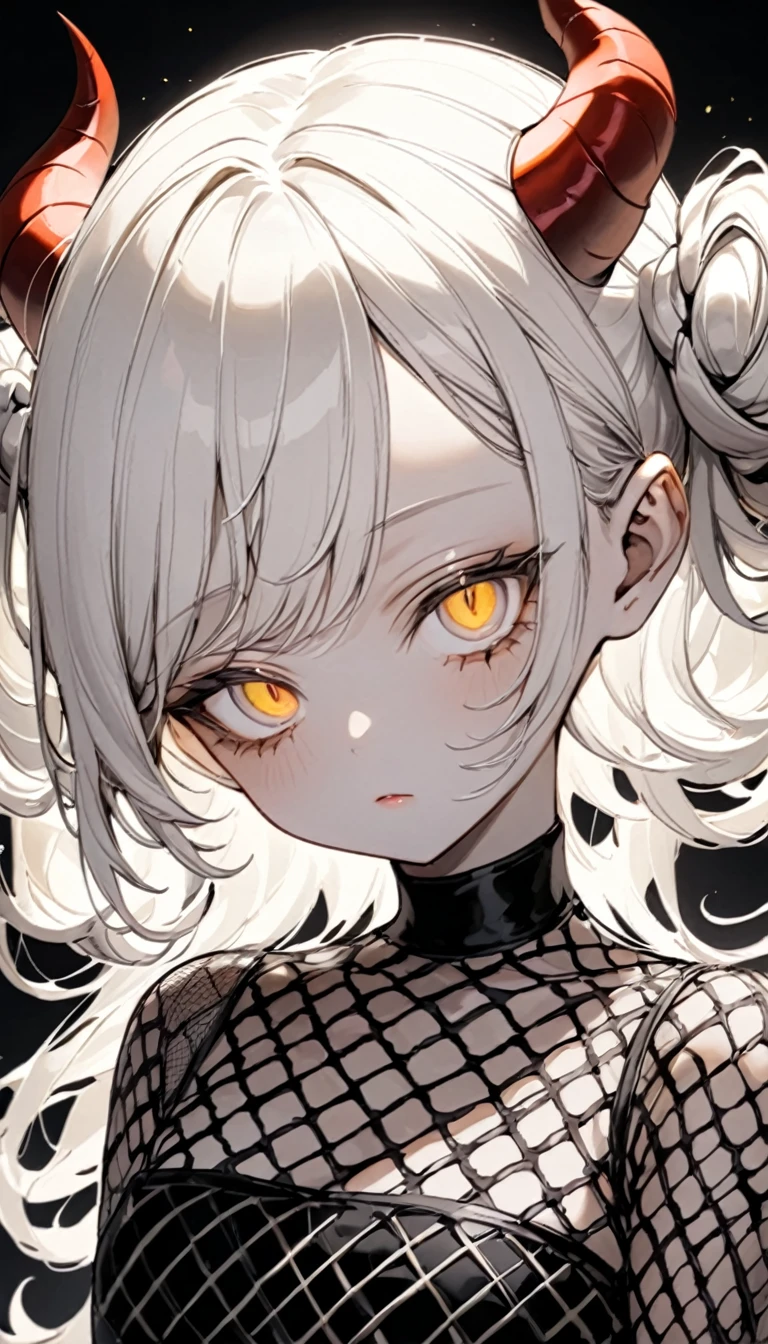 albino devil girl，((above waist)), Photographed from a distance, Sleepy、smoky eyes, big eyes, Eyes are delicate and beautiful, Beautiful and delicate face, details on face, White hair rings , antenna , fishnet shirt, (long and complex horns:1.2)