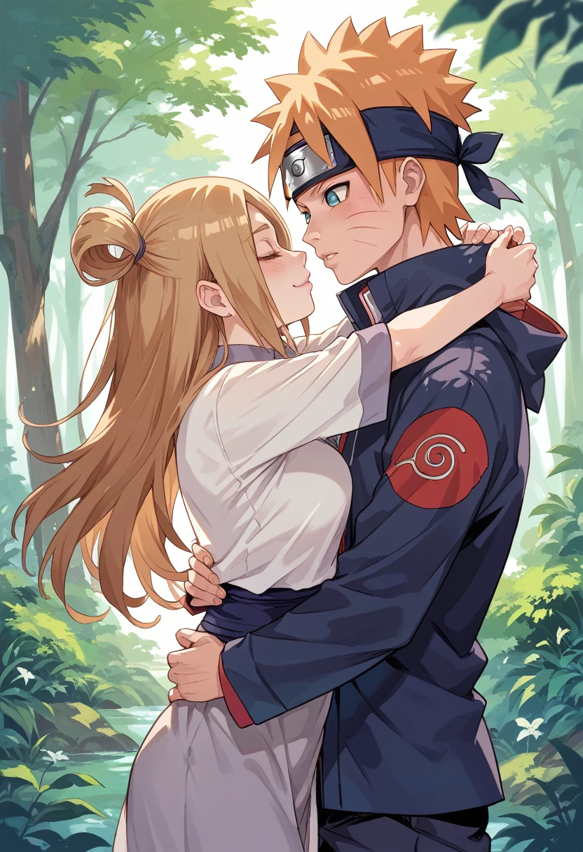 (((Naruto style))) couple hugging in the forest, Brown haired boy(((Neji Hyuga))) girl with long orange hair