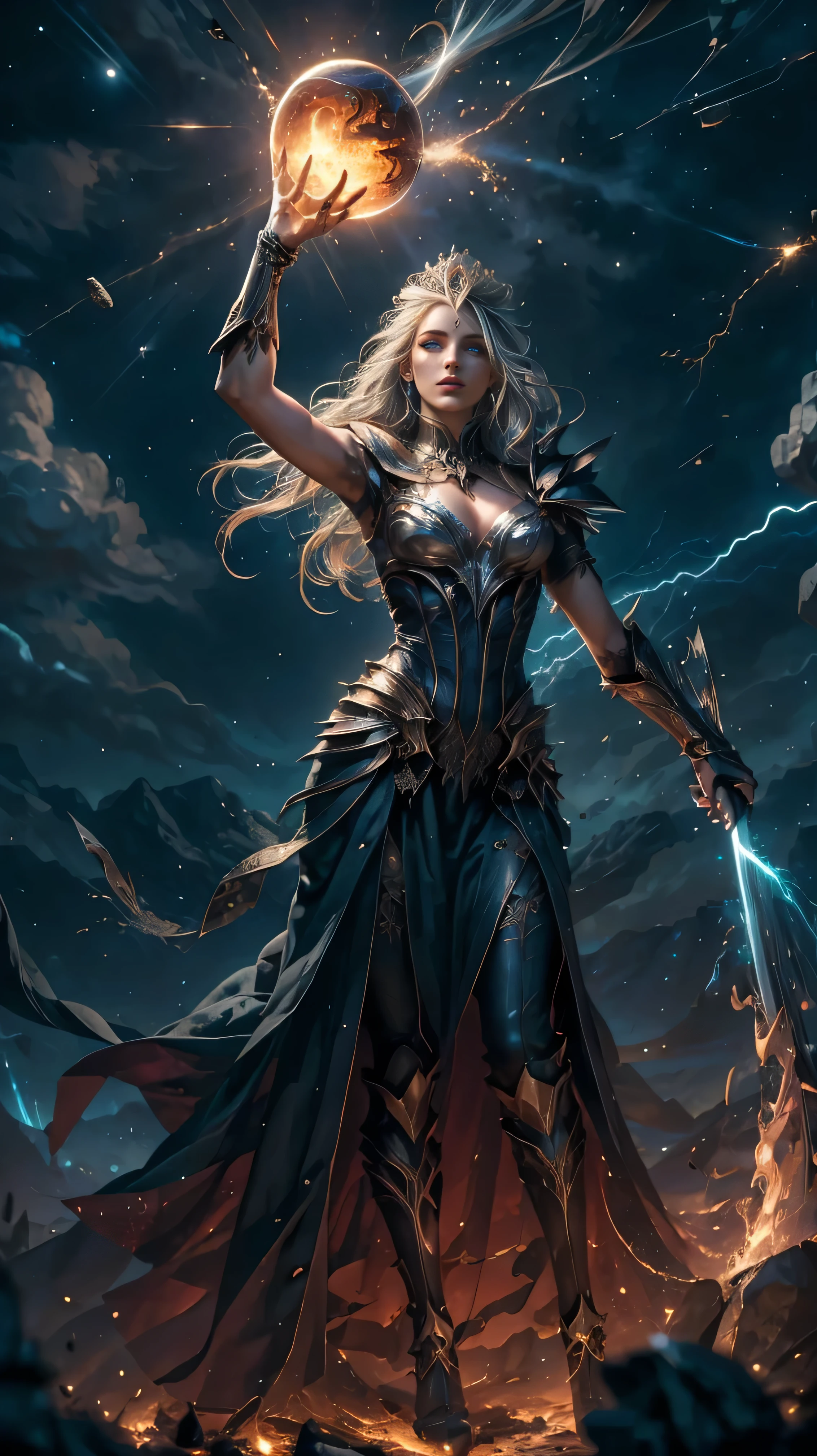 High view, high angle of camera, A beautiful and sexy goddess of storm, hyperrealistic. flying through a dark lightning storm, showcasing the fiery silver hair and thin Crown made of dazzling rays., dark make up, silver ornament. Every space and build in the landscape is meticulously rendered, from the most dangerous and terrifying storm, creating a visually stunning and immersive world. The overall effect is a magnificent mix of fantasy, caos and storm,. close-up, fine quality cyan eyes, fiery cyan eyes, lightning eyes, ultra detailed, Beautiful and aesthetically pleasing, masterpiece, Best quality score, Extremely detailed, raytraced, full body, close up, high view, particles and hard lights, angulo picado.