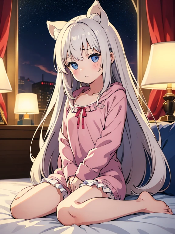 Anime girl with long hair and pink dress sitting on the bed, Shi Tao's cartoons, pixiv, furry art, cute anime cat girl, 非常美麗的anime cat girl, white cat girl,white hair, flat chest, frilly,Shy, blush, Soft anime illustration, small curve , beautiful anime cat girl, anime cat girl, Very beautiful and cute catwoman, Charming cat girl