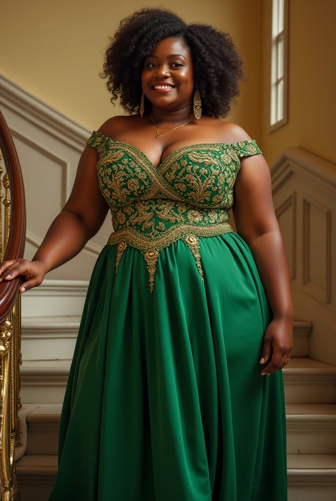 fait moi l'image d'une femme ronde noire portant une robe de soirée verte 4xl verte avec des passion twist sur la tête (longeur 32) ... dans une salle de fête propose des accessoire sur elle