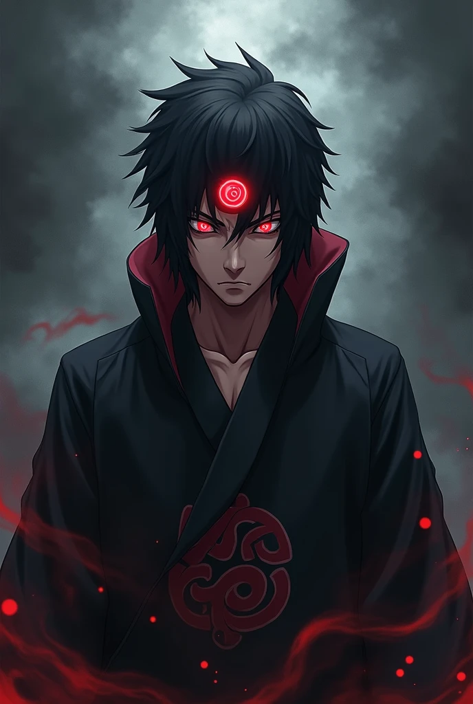 Make madar uchia black angery eyes and environment very balck and red