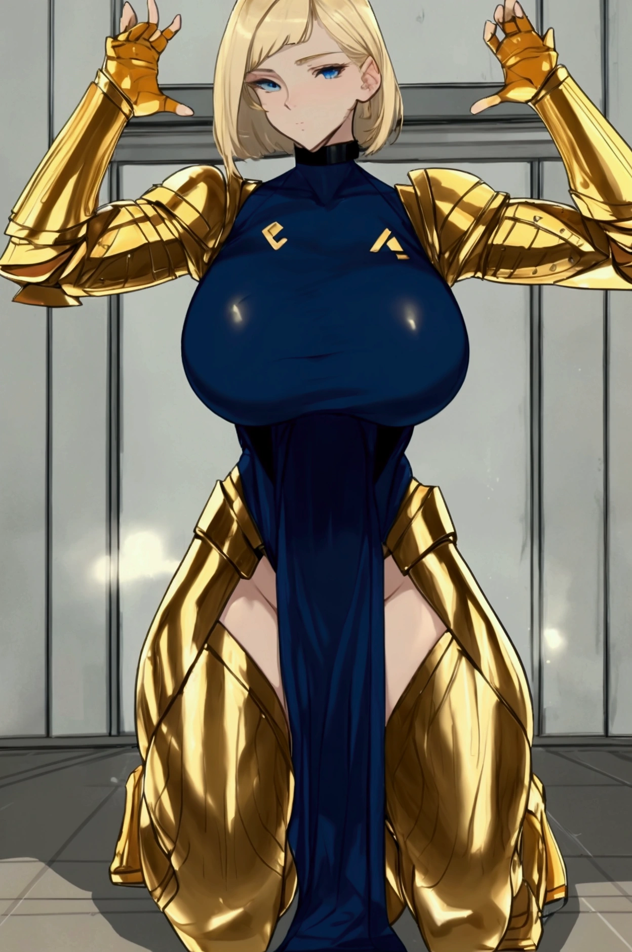 tall woman , 24 years , big body , atletico , white skin color , Eleven , blonde hair color , short haircut wearing golden armor crouching position blue eye color