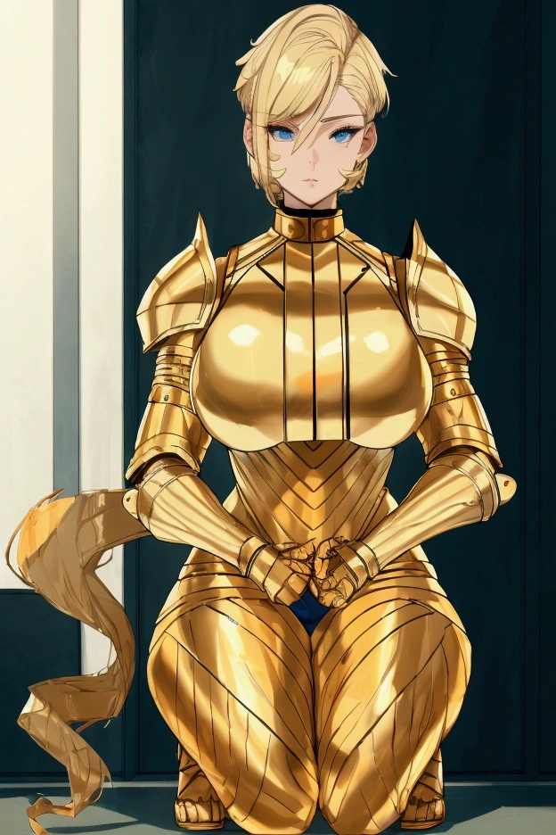 tall woman , 24 years , big body , atletico , white skin color , Eleven , blonde hair color , short haircut wearing golden armor crouching position blue eye color