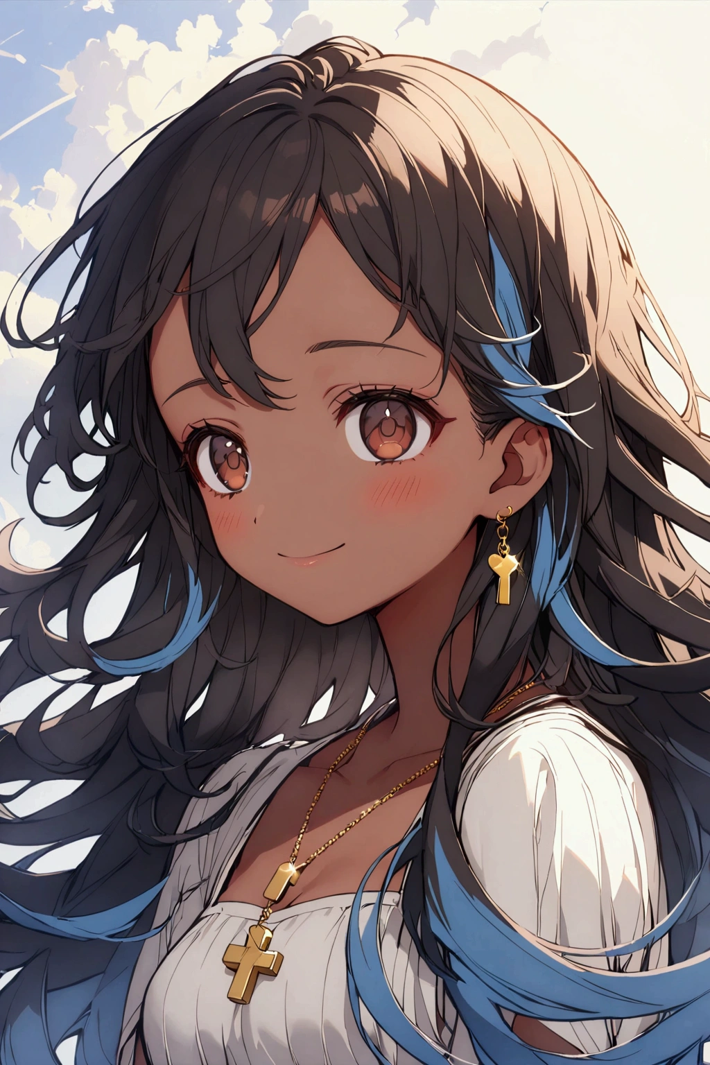 1girl, brown eyes, black hair with blue fade, blue strands in the hair, long hair, skinny waist, medium breasts, tan skin, a gold charm necklace, peaceful expression, calm, young girl, teenager girl, happy expression, brown skin, white dress, pink ribbons in the hair, black ribbons in the hair