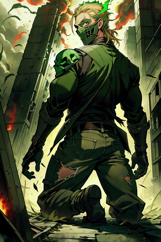 -High quality- -masterpiece- A man with blonde hair, green eyes, wearing a green skull mask, dressed in torn green casual clothes, kneeling looking at a burning city in the distance, with his back turned, on the outskirts of the city , injured.
