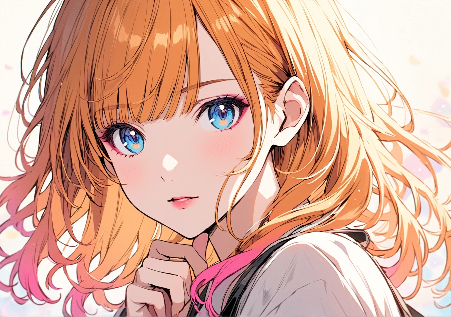 anime girl, high, pretty, detailed, beautiful, attractive, adult, orange hair with bangs and pink tips and bangs, blue eyes, neutral makeup, Women&#39;s Elegant Solid Color Puff Sleeve Tied Up Dress, with pink heels, casual standing pose looking at viewer, character design, professional art, Whole body, long legs