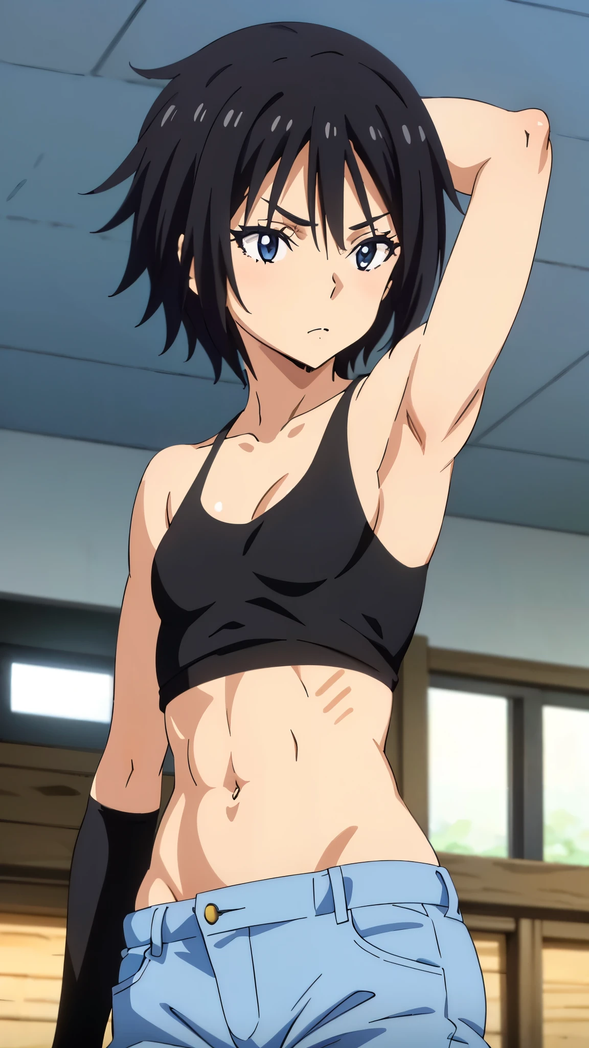 1girl, tomboy girl, anime artstyle, masterpiece, highres, solo, 8k, detailed, perfect face, best quality, (ultra high quality), (looking at viewers), (armpit), collarbone, bare arms, bare shoulders, small breast, cleavage, black color, short hair, belly, stomach, navel, abs, crop tanktop, black tanktop, mini short, denim short, slim body, upper body, closed mouth, emotionless, flat face, blush, at forest, hand up