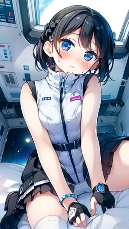 (Best Quality), (masterpiece), 1080P, High resolution, 4K, 8k, Inside the space station、Futuristic room、Thigh straps, Shooting from directly below, The woman on top of me, 白いsweat, Covered , sweat, Woman looking down, Skirt swimsuit, Thigh-high socks, To achieve this, , , whole body, Black leather shoes, Braided Hair, Inner Color, Embarrassed face, Short black hair, bracelet, bedroom,celestial body_vest
