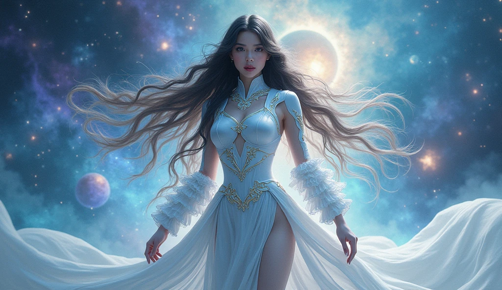 (best qualtiy,tmasterpiece), Beautiful teenage girl, Beautiful goddess, Sexy goddess, magestic, Robe, white crane, salama, The right hand, A long flowing dress, Slender legs Silver hair, By bangs, Detailed scenes, the night, starrysky, cold light, full moon, ((black in color: 1.4)), ((white colors: 1.1)), ((From below)), ((Orkni shooting))), ((Realistic))cinematic lighting, UHD, masterpiece, textured skin, super detail, high details, high quality, award winning, best quality