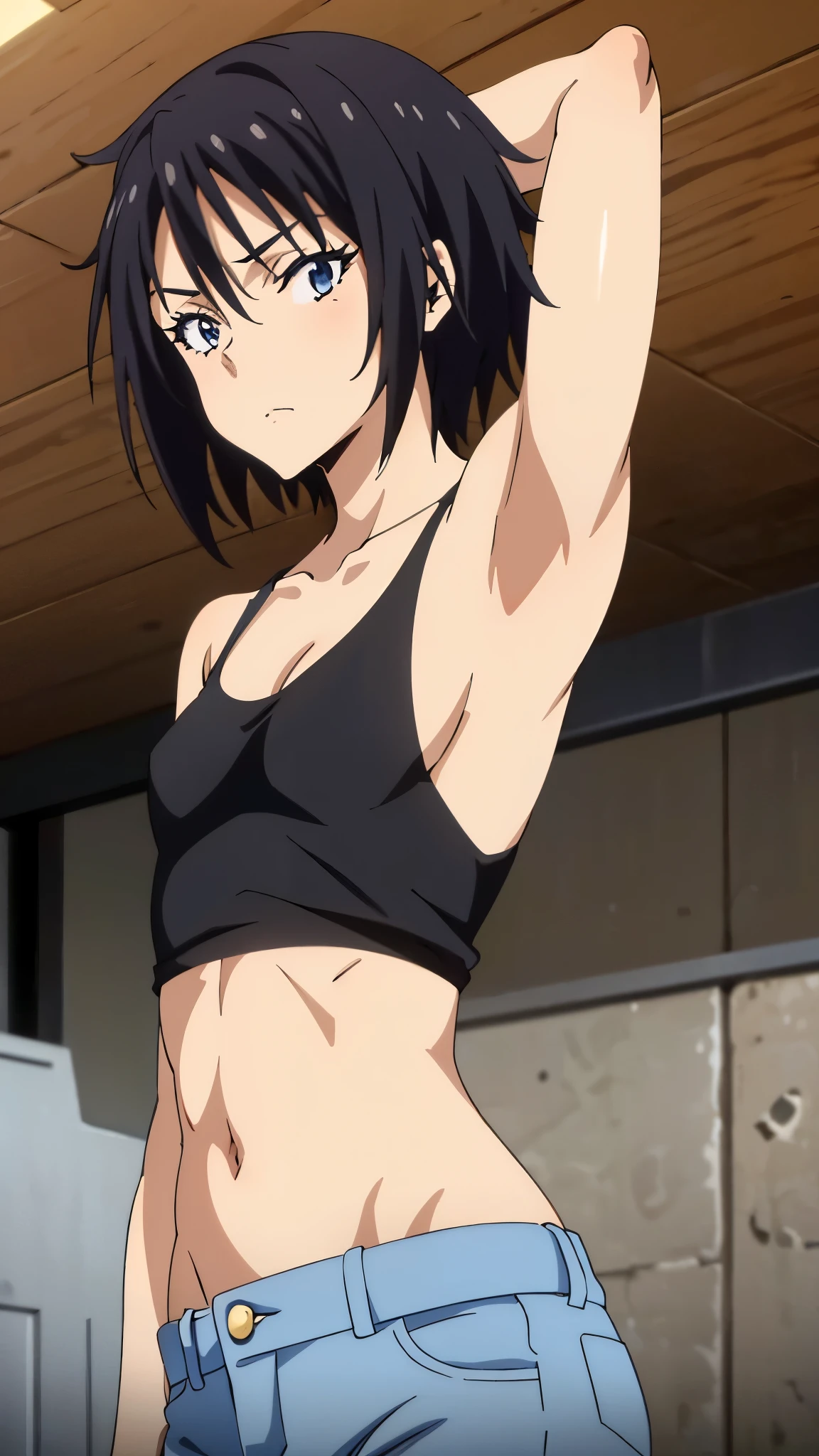 1girl, tomboy girl, anime artstyle, masterpiece, highres, solo, 8k, detailed, perfect face, best quality, (ultra high quality), (looking at viewers), (armpit), collarbone, bare arms, bare shoulders, small breast, cleavage, black color, short hair, belly, stomach, navel, abs, crop tanktop, black tanktop, mini short, denim short, slim body, upper body, closed mouth, emotionless, flat face, blush, at forest, hand up