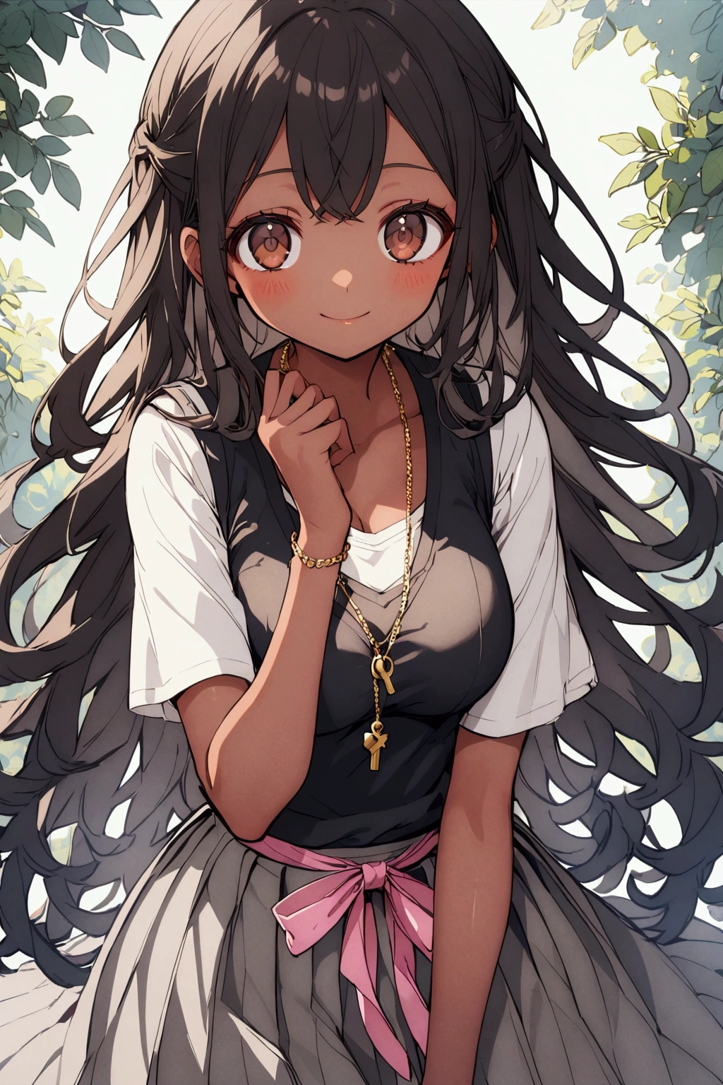 1girl, brown eyes, black hair with blue fade, blue strands in the hair, long hair, skinny waist, medium breasts, tan skin, a gold charm necklace, peaceful expression, calm, young girl, teenager girl, happy expression, brown skin, (wearing a white shirt with a gray skirt, a pink ribbon in the hair, a black vest, a black tie)