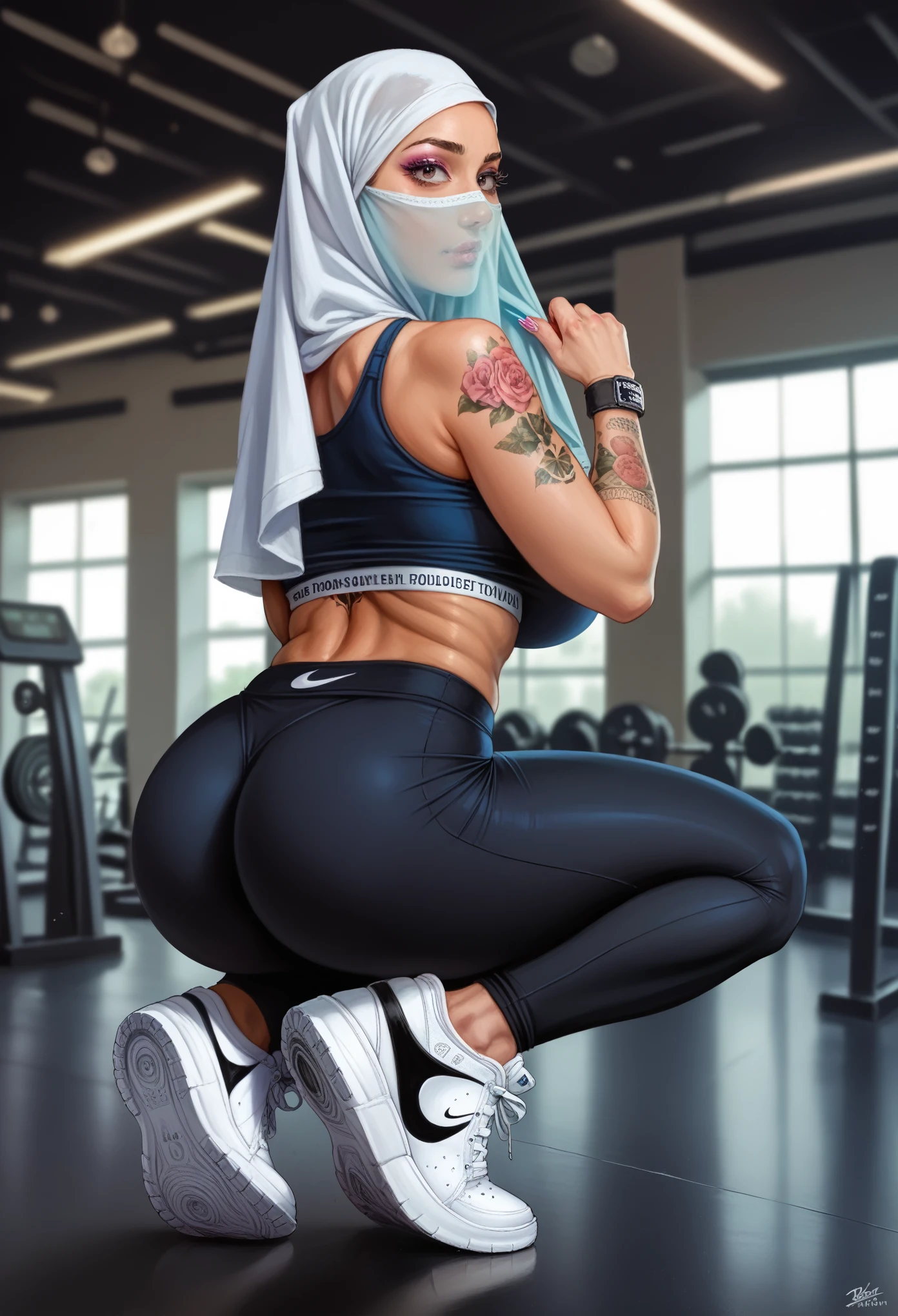a woman in a silk hijab, face veil, crop top, leggings, nike sneakers, tattoos, piercings, makeup, polished nails:0.91, natural huge breasts, big rounded ass, working out in a gym, (best quality,4k,8k,highres,masterpiece:1.2),ultra-detailed,(realistic,photorealistic,photo-realistic:1.37),HDR,UHD,studio lighting,ultra-fine painting,sharp focus,physically-based rendering,extreme detail description,professional,vivid colors,bokeh,photorealistic portrait
