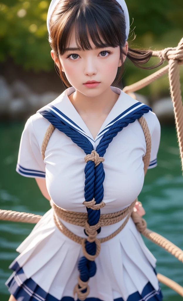 sailor uniform, bound, (Highly detailed CG Unity 8k), (Highest quality)，(Very detailed)，(Ultra-high resolution), 1 female, uniform, ((Sailor suit)), ((Rope Bondage)), Tying a woman&#39;s breasts with rope, Pull your hands back with a rope, Rope attached legs, Thighs tied with rope, Legs tied with rope, ((Tie your wrists behind your back)), Ankle binding, gag, Navy Blue Skirt, Black Hair, Bobcut, BDSM, Bust Shot, ((White headband)),