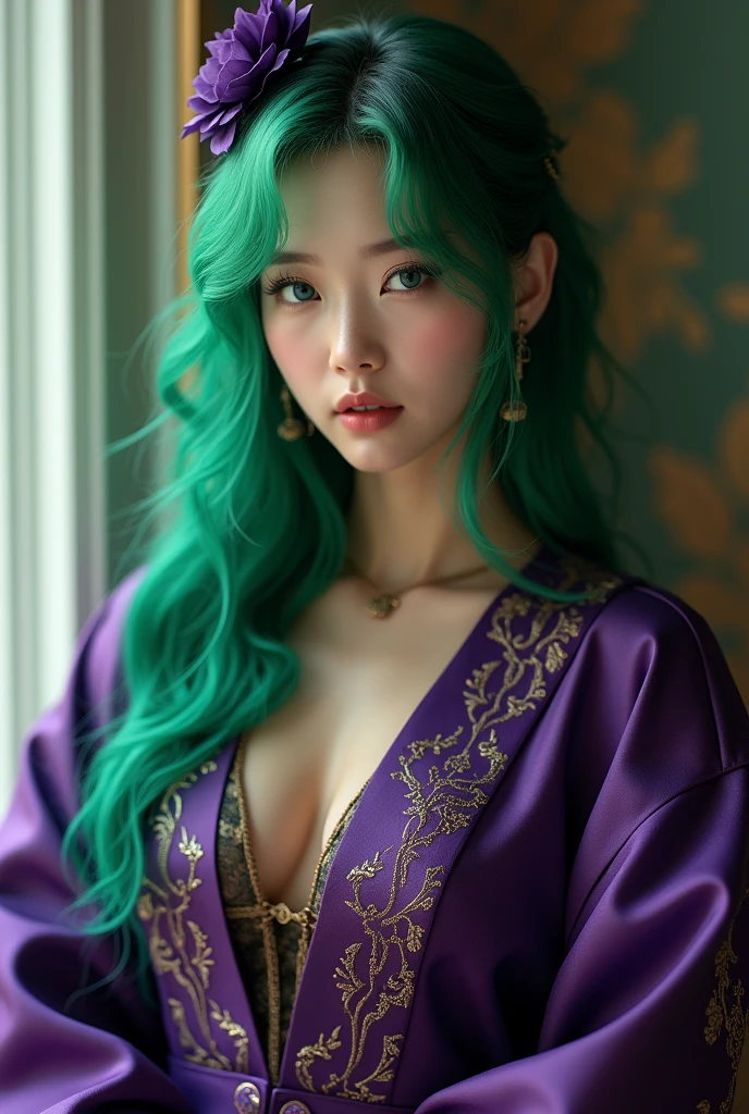 8k、RAW Photography、top-quality、masterpiece:1.2)、(realisitic、photoRealstic:1.37)、1girl in、Asian、25-years old、femele、(deep in the night)、sunlights、a room、Daytime cityscape seen from the window、Studio Lighting、face lights、photon maping、Radio City、Purple hair、A detailed face、detailed lips、A detailed eye、More skin、二重まぶた、(Huge round:1.3)、((Exposure))、(Sally and blouse、Nepal)、(Saree)、(Wearing a saree)、((no brassiere)))、Exposed cleavage、exposed shoulder、Thigh exposure、(camel's toe)、perfectbody、shinny skin、(Body wet with sweat:1.2)、smirking face、((sitting on))、Make eye contact with the camera、Lens blur for background camera、depth of fields、35 m、ultra-detailliert、ultra-quality、flawless、Anime tattoo on right hand、((Vintage style photography
