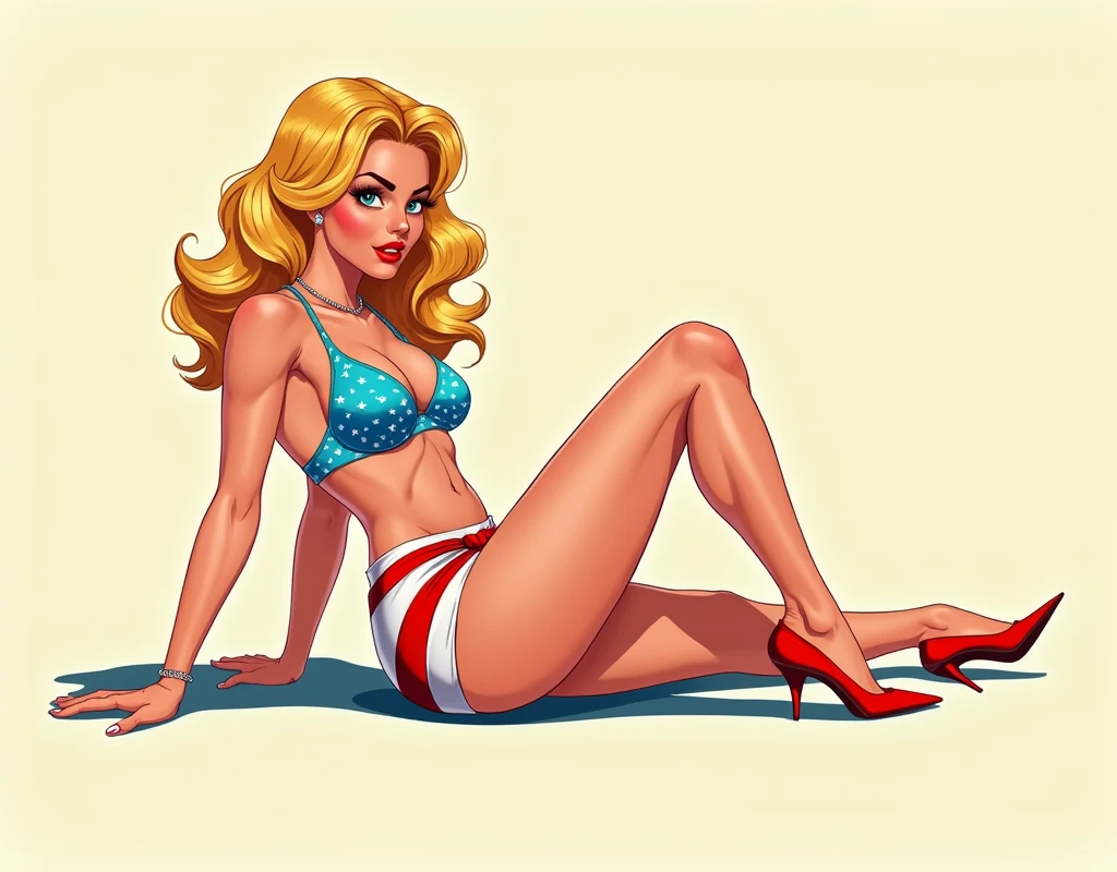 a hot blonde super hero, bright colors, large breasts, round ass