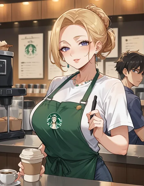 score_9, score_8_up, score_7_up, source_anime, 1boy, 1girl, mature female  barista, delantal verde (sin nada de bajo)