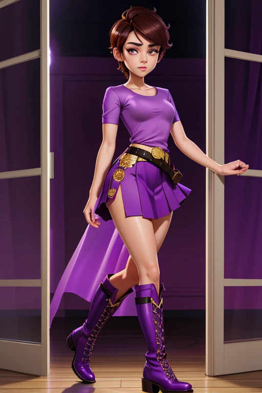 A close up of a woman in a purple dress and boots - SeaArt AI
