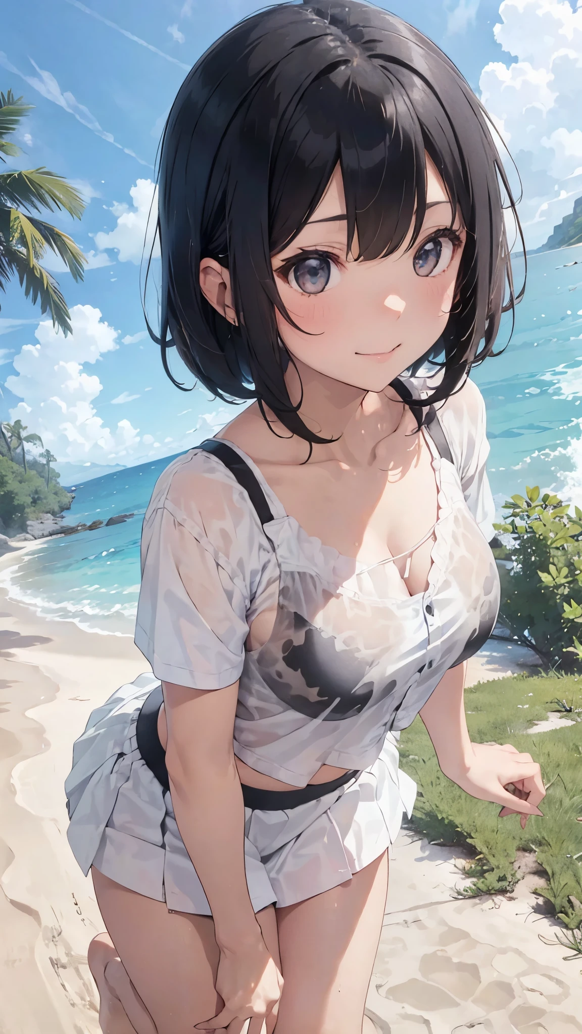 Black short bob、Cute Smile、White button-down shirt、Big Breasts、A shirt with a white bra showing through、Big Breastsでパツパツのボタンダウンシャツ、Red and white checked mini flare skirt、Pure white underwear、barefoot、barefoot、Sandy beach, sea and blue sky