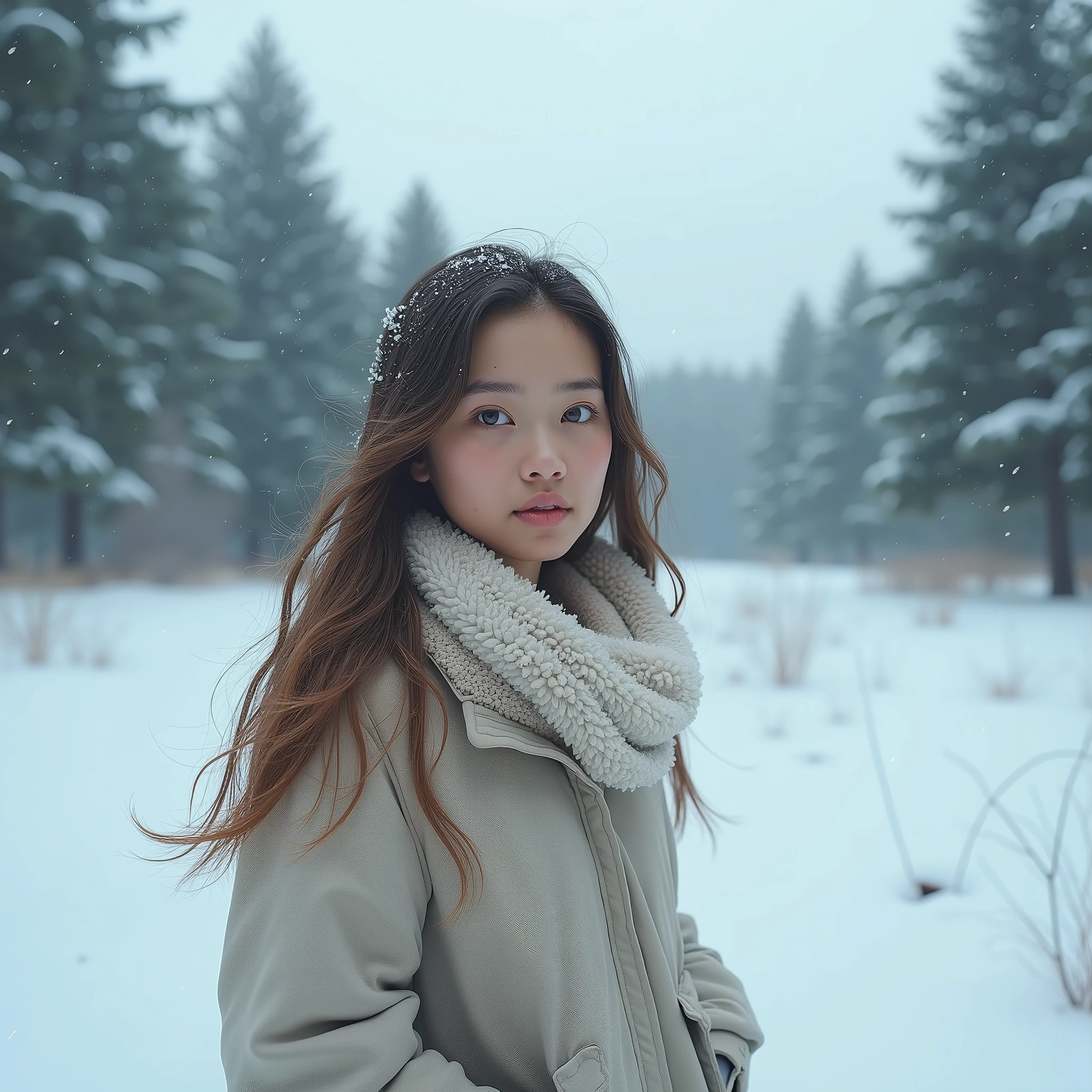 Arafed woman in a coat and scarf standing in the snow - SeaArt AI