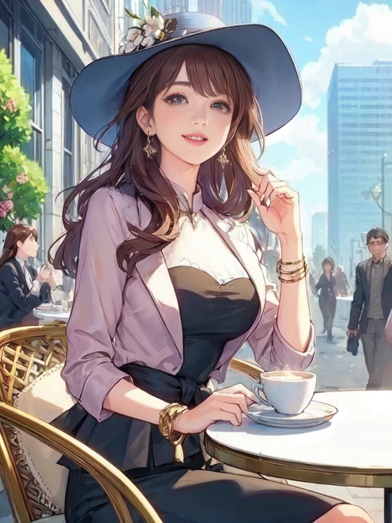 1lady solo, (sitting at terrace seat), (peplum) (stylish outfit), mature female, /(brown hair/) bangs, kind smile, (masterpiece best quality:1.2) delicate illustration ultra-detailed, large breasts BREAK (fragrant latte on the table) BREAK (fashionable cafe terrace) outdoors, main street crowded, spring flowers, detailed background