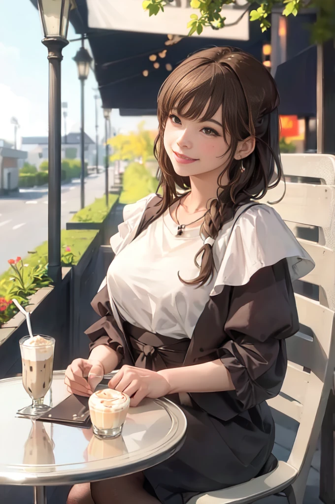 1lady solo, (sitting at terrace seat), (peplum) (stylish outfit), mature female, /(dark brown hair/) bangs, kind smile, (masterpiece best quality:1.2) delicate illustration ultra-detailed, large breasts BREAK (fragrant latte on the table) BREAK (fashionable cafe terrace) outdoors, main street crowded, spring flowers, detailed background