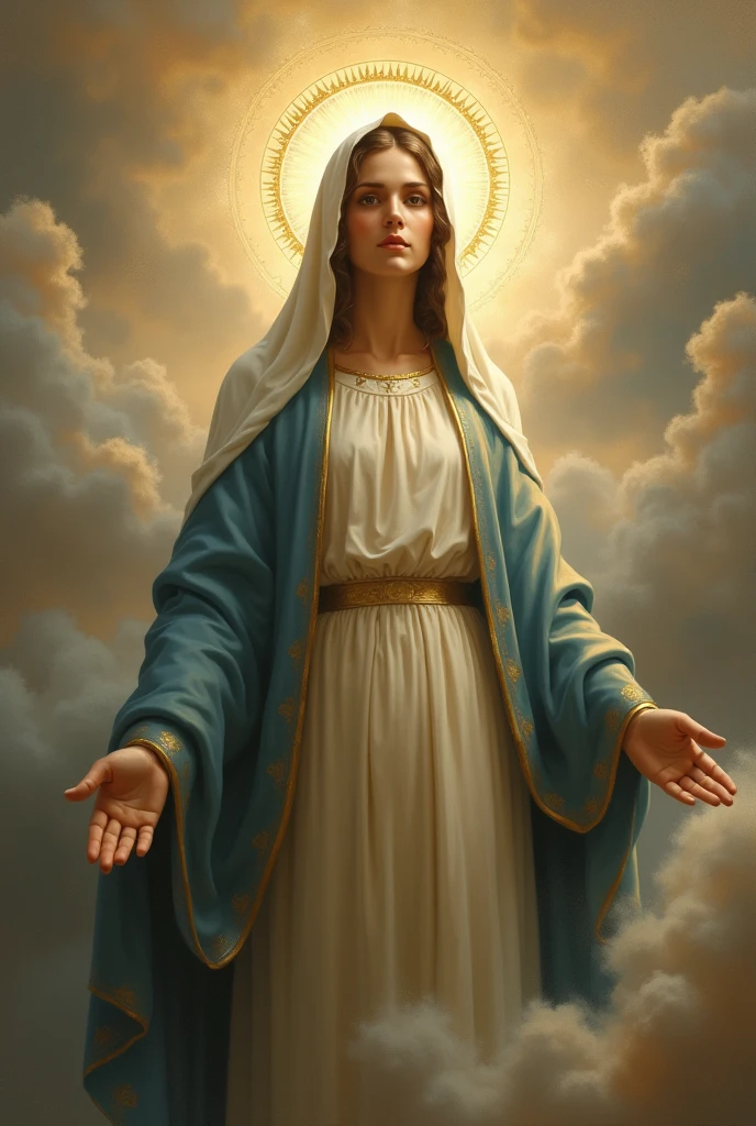 A very beautiful triptych of the Virgin Mary and her biography, Reddish beige lingerie and blue cloak and veil, Staring at the camera with moist eyes,Images in the Triptych with Mary&#39;s Love

