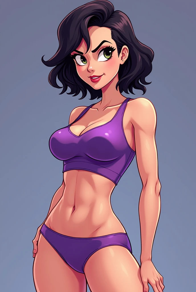 <lora:Jessica_Dupont:1>  high ponytail, black and violet hair, green eyes, (masterpiece, best quality:1.2), (smug), highleg panties, red crop top underboob, choker, navel, huge breasts, leaning forward, looking at viewer, (simple background),