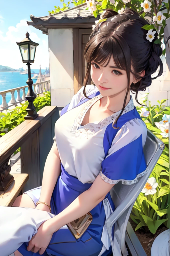 1lady solo, (sitting at terrace seat), (peplum) (stylish outfit), mature female, /(dark brown hair/) bangs, kind smile, (masterpiece best quality:1.2) delicate illustration ultra-detailed, large breasts BREAK (fragrant latte on the table) BREAK (fashionable cafe terrace) outdoors, main street crowded, spring flowers, detailed background