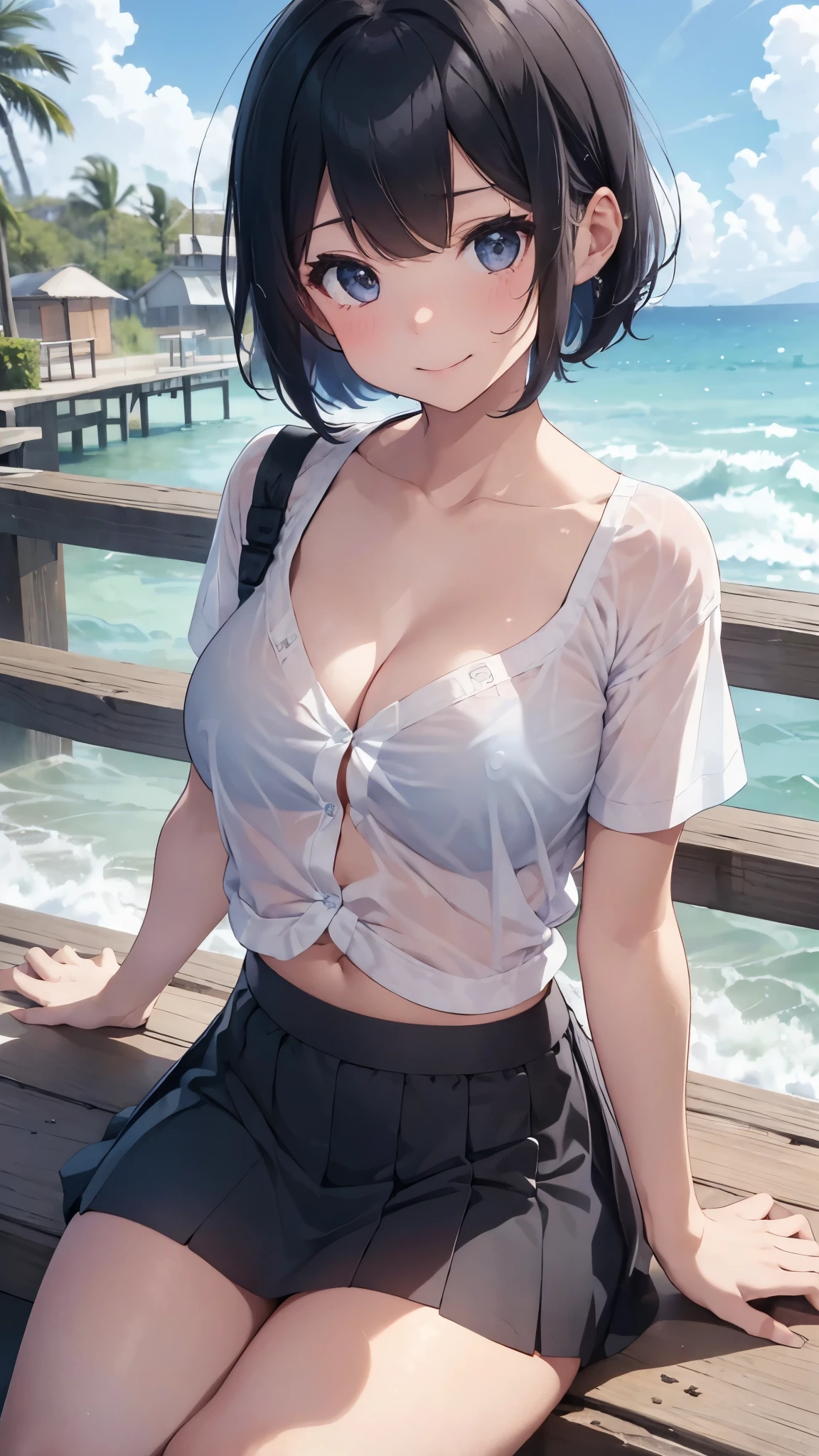 Black short bob、Cute Smile、White button-down shirt、Big Breasts、A shirt with a blue bra showing through、Big Breastsでパツパツのボタンダウンシャツ、Blue Mini Flared Skirt、Pure white underwear、barefoot、barefoot、Sandy beach, sea and blue sky