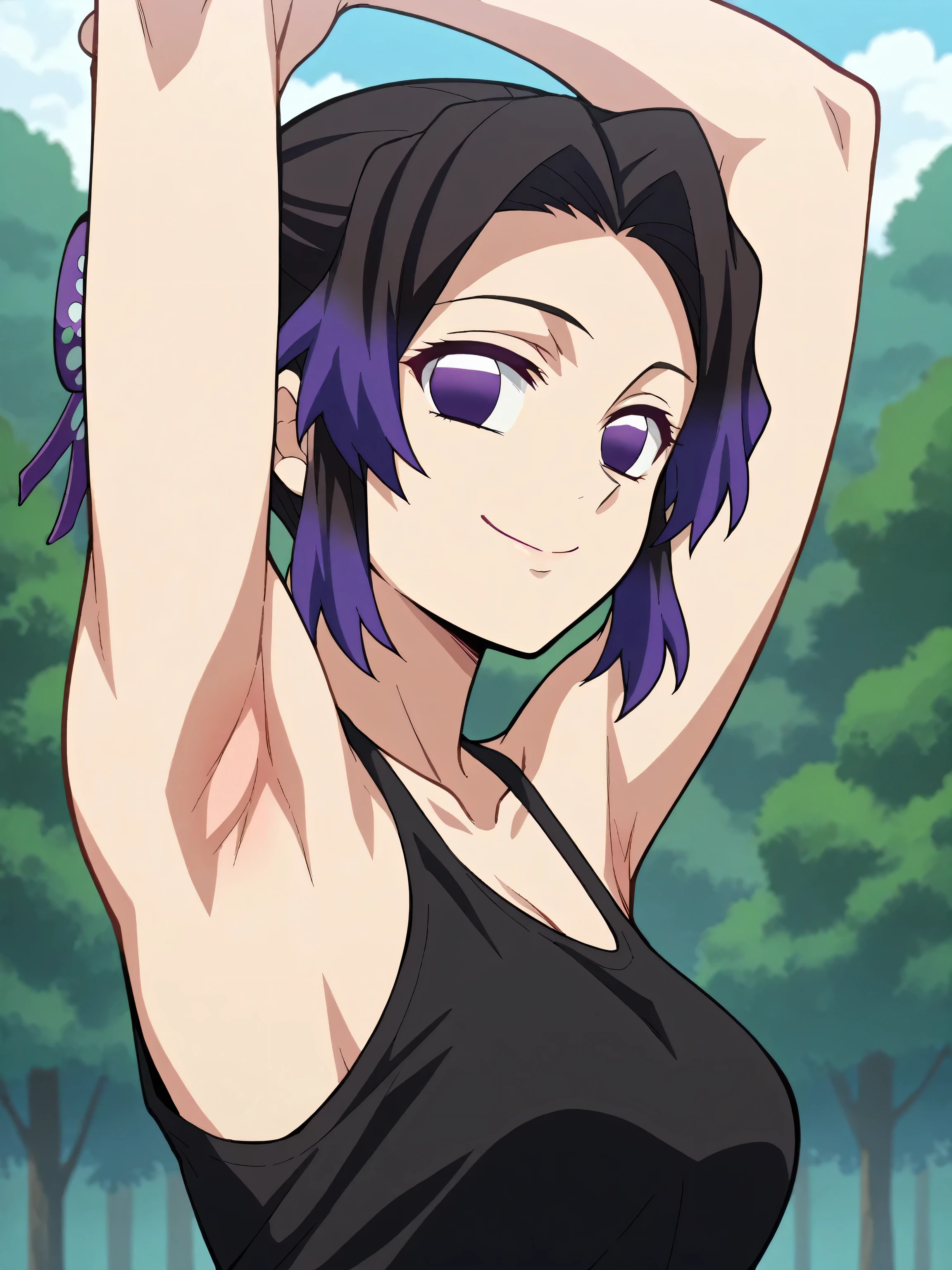 score_9, score_8_up, score_7_up, source_anime, anime screencap, 1girl, solo, outdoors, day, KShinobuXLV4, tank top, black tank top, collarbone, sleeveless, bare shoulders, bare arms, looking at viewer, eye contact with viewer, facing viewer, gentle smile, closed mouth, arms behind head, armpits, in the center, symmetrical, medium breasts, 