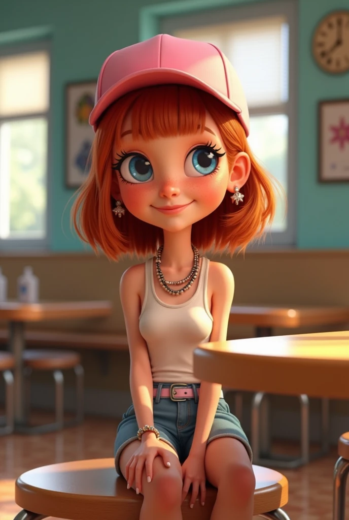 (skinny, cute, freckled, tanned, redheadwear,  Level 9), bob cut hairstyle, blue colored eyes, Flat Breast, small and perky ass, piercings, bead necklace, pink cap, white top, shorts jeans, pink sneakers, excited smile, sitting at a table in a cafeteria, 3D Pixar cartoon style, cinematic, Dramatic, work of art, dynamic view, whole body,