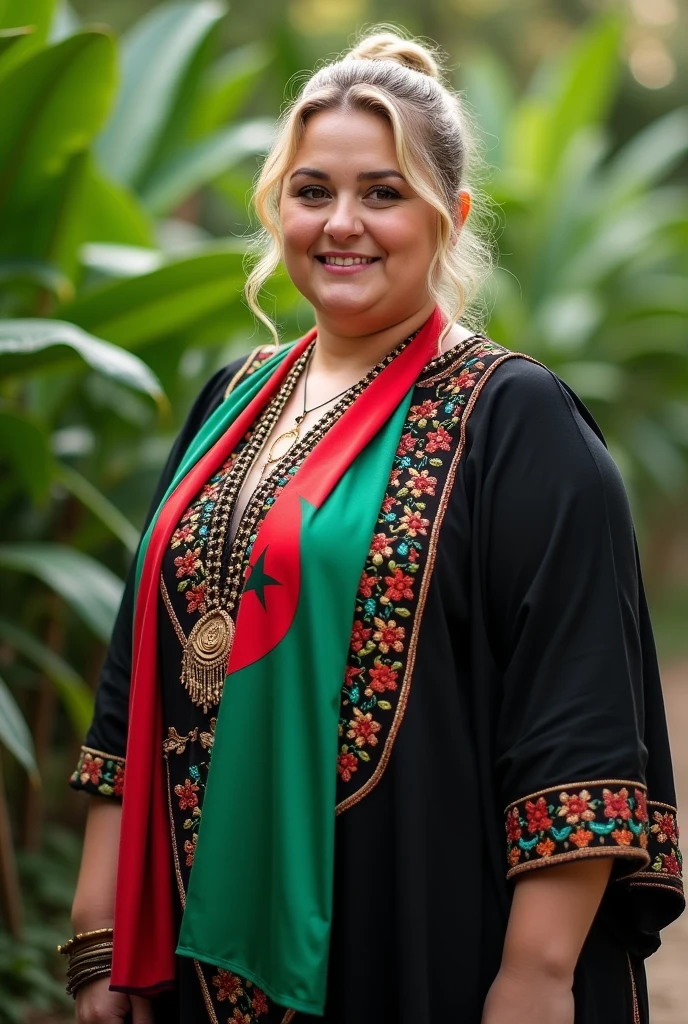 Close up, woman, blonde, plump, wearing a black caftan with a modern embroidered pattern, holding the Algerian flag around her neck in white and green, looking directly at the camera, she is standing on the green nature