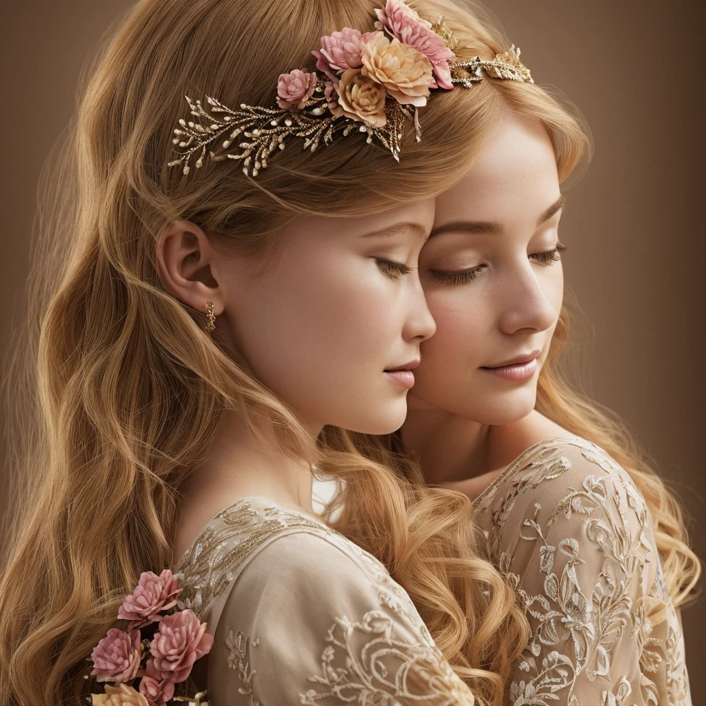 Create a highly detailed and realistic illustration of a serene, maternal scene featuring a woman with long, flowing red hair and a young child. The woman wears a floral-decorated headpiece and gazes lovingly at the viewer with soft, gentle eyes. She holds the child close, who has curly, golden hair and is leaning affectionately on her shoulder. Both characters have fair skin with a smooth, porcelain-like texture, and their expressions convey warmth and tenderness. The woman’s clothing features intricate geometric patterns in vibrant colors, reminiscent of Gustav Klimt’s mosaic style. The background is abstract, with soft, neutral tones and decorative patterns that do not distract from the central figures. The atmosphere should be calm, loving, and intimate, with an emphasis on the emotional connection between the two characters. Include a subtle, elegant signature in the bottom right corner."