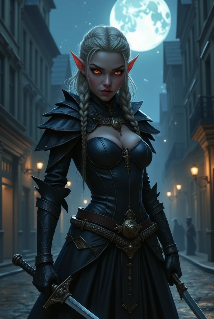 fantasy art, d&d art, rpg art, realistic art, goth art, a, high details, best quality, 16k, [ultra detailed], masterpiece, best quality, (extremely detailed), dynamic angle, RAW, photorealistic, a picture of an epic fantasy thief , kneeling on roof top (best details, Masterpiece, best quality: 1.5) on top of a roof in goth fantasy city, ready for action, plenty of buildings, a temple (best details, Masterpiece, best quality: 1.5), female elf (best details, Masterpiece, best quality: 1.5), epic fantasy thief, [[anatomically correct]], blond hair, braided hair, fair skin, intense bright eyes, armed with dagger, dynamic position (intricate details, Masterpiece, best quality: 1.5), small pointed ears, dark armor, blue pants, full leather armor (intricate details, Masterpiece, best quality: 1.5), tense atmosphere, night, stars light, moon light, moon rays, stars, best details, best quality, highres, ultra wide angle, drkfntasy night over the roof top of a goth church, the elf watches the city below,  it is ready to act, medieval city background
