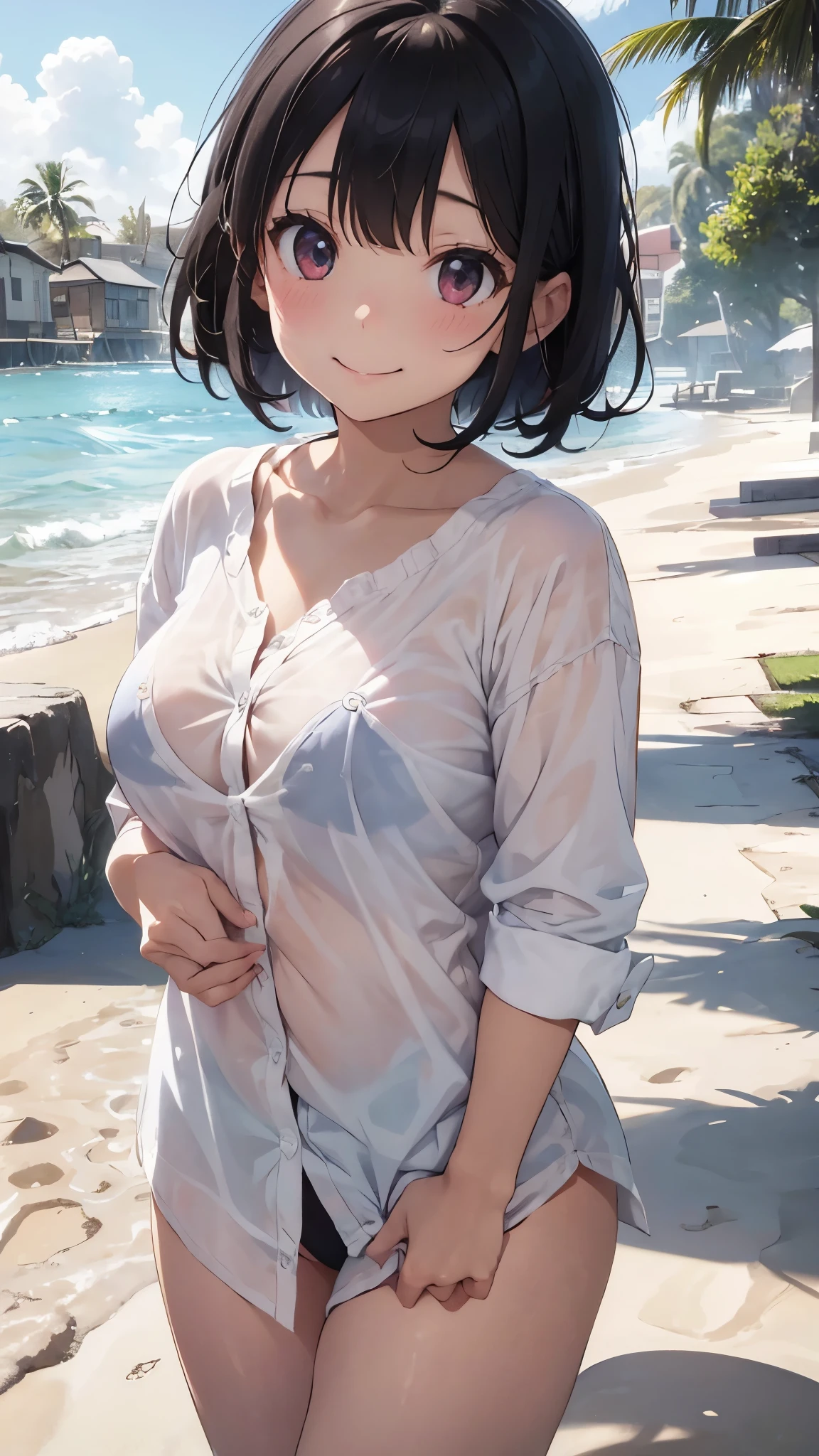 Short Bob、Cute Smile、Oversized white button down shirt、Big Breasts、White button-down shirt with pink bra showing through、Big Breastsでパツパツのボタンダウンシャツ、snow-white underwear、barefoot、barefoot、Sandy beach, sea and blue sky