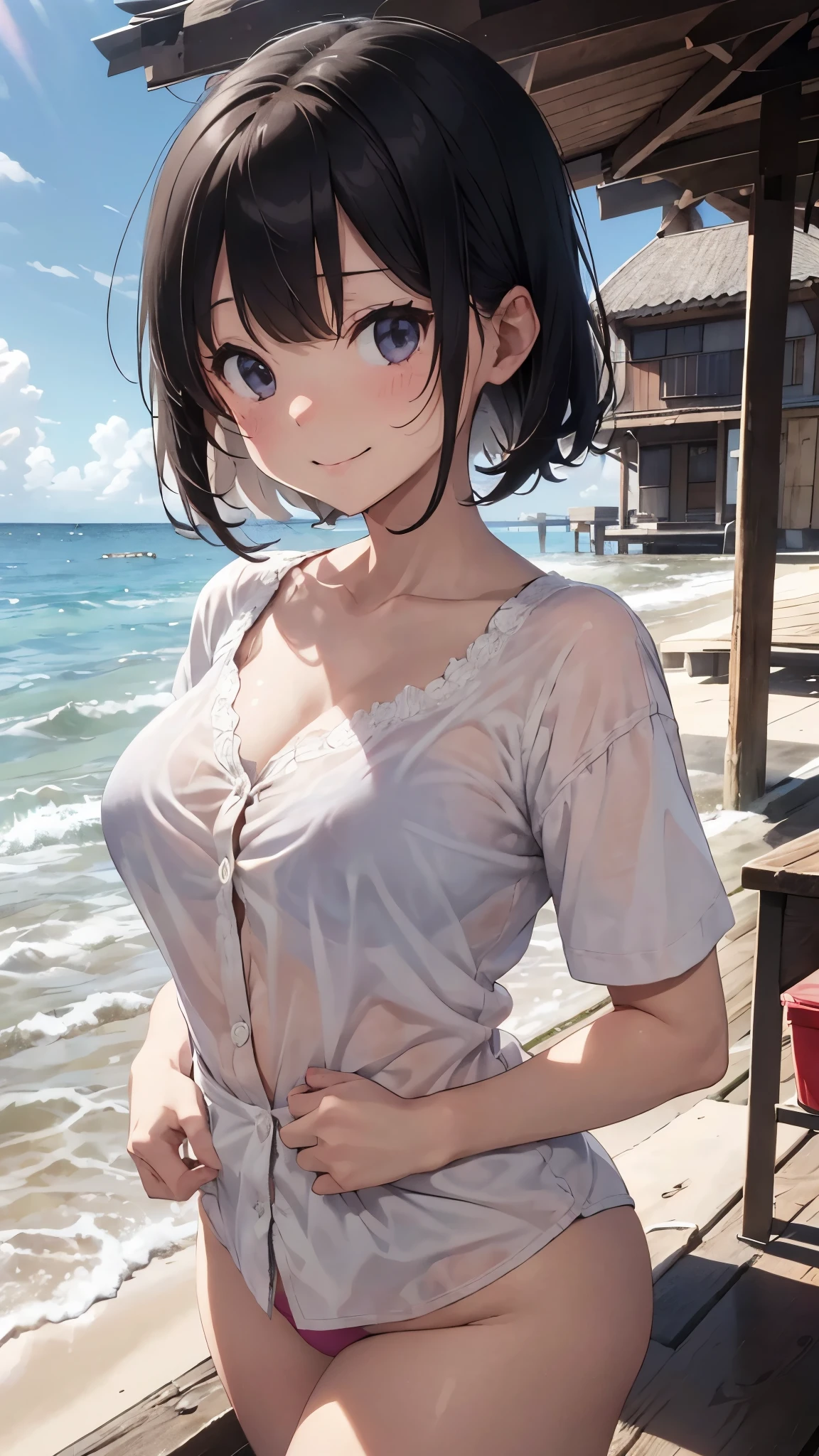 Short Bob、Cute Smile、Oversized white button down shirt、Big Breasts、White button-down shirt with pink bra showing through、Big Breastsでパツパツのボタンダウンシャツ、snow-white underwear、barefoot、barefoot、Sandy beach, sea and blue sky